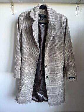 DKNY Plaid Wool-Blend Peacoat in Taupe and Cream